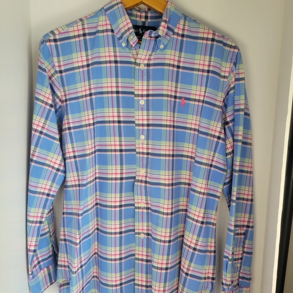Polo Ralph Lauren Mens Classic Fit Plaid Button Down Shirt Blue Pink Medium